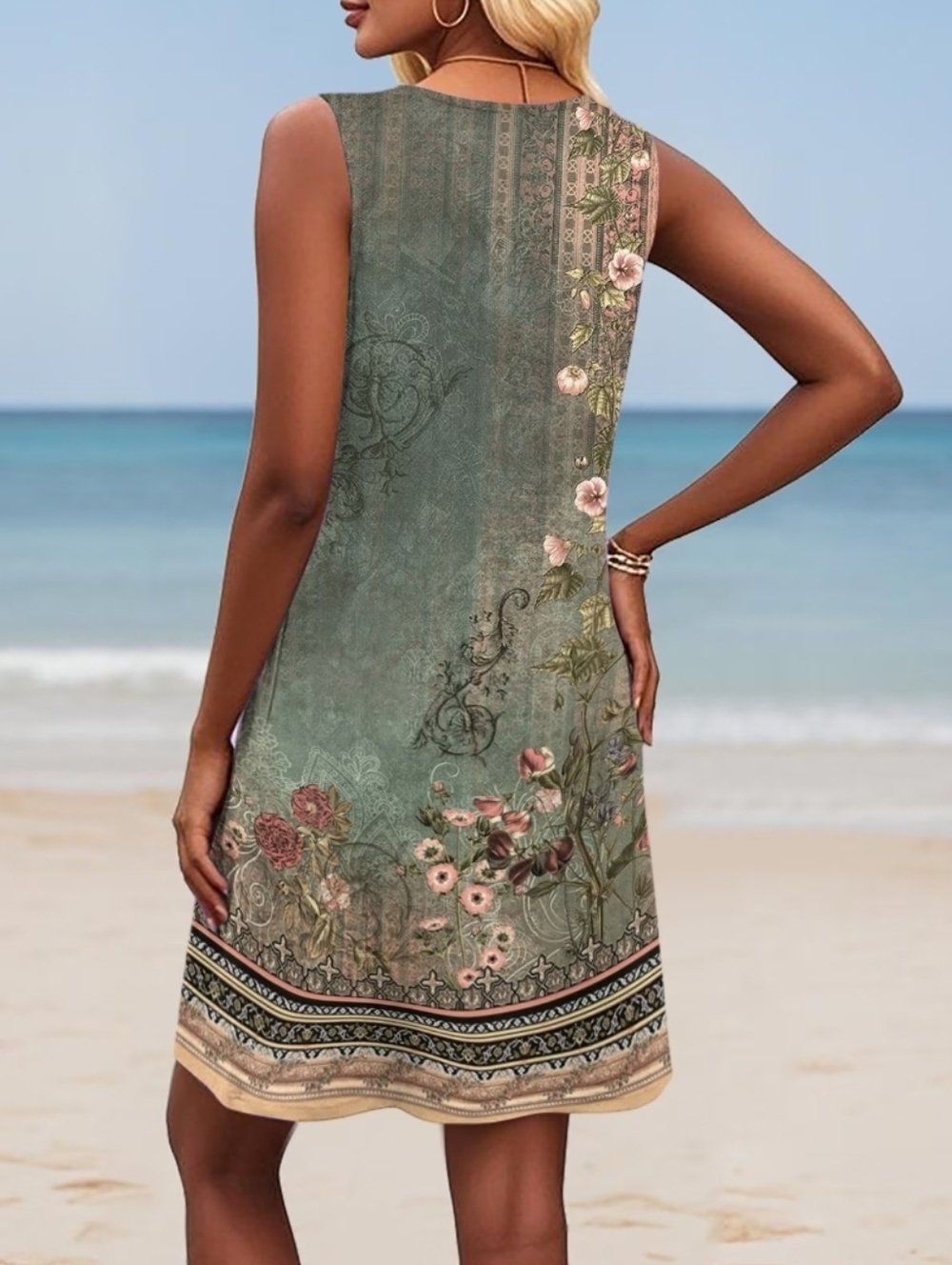 Teal Floral Boho Slip Dress L - Picture 2 of 10